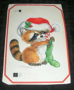 CHRISTMAS Cute Raccoon in Santa Hat w/ Stocking 4x5.5 Greeting Card Art #235B