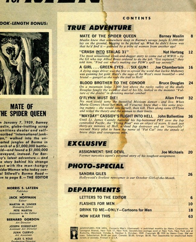 Adventures for Men October 1959- Sandra Giles- Spider Queen- reading copy