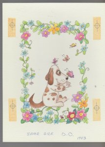 CARTOON SPOTTED DOG w/ Butterflies & Flowers Border 7x9 Greeting Card Art #1703