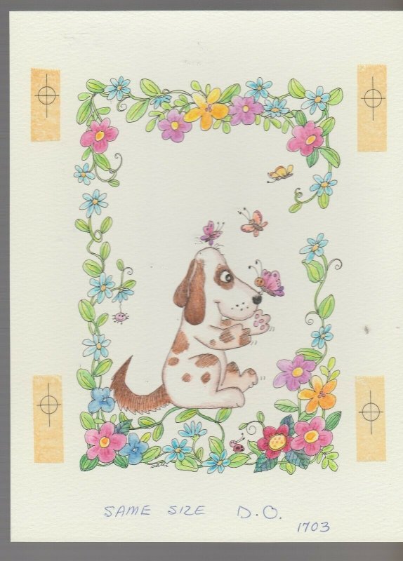 CARTOON SPOTTED DOG w/ Butterflies & Flowers Border 7x9 Greeting Card Art #1703