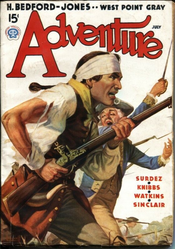 ADVENTURE JULY 1937-REVOLUTIONARY WAR COVER BY WILLIAM LUBEROFF---H BEDFORD-J...