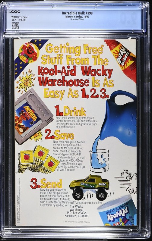 Incredible Hulk #398 (10/92) Graded CGC 9 Newsstand Edition