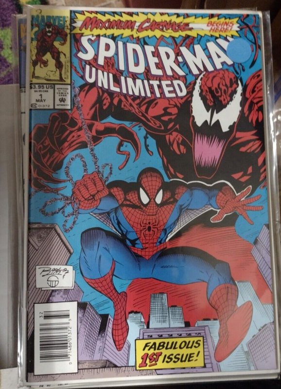 SPIDERMAN UNLIMITED # 1 1993 MARVEL maximum carnage  KEY 1st shreik  BARCODE VAR