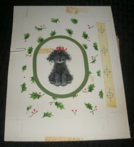 CHRISTMAS Cute Curly Haired Dog w/ Holly Leaves 6x8.25 Greeting Card Art #5-12