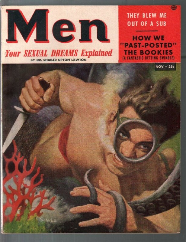 Men 11/1953-Skin diver vs octopus-Phantom Of Sing Sing-pulp violence-FN/VF