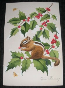 CHRISTMAS Cute Chipmunk w/ Holly Berries 5x8 Greeting Card Art #178