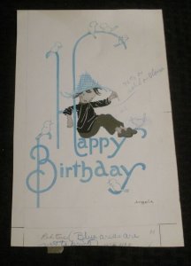 HAPPY BIRTHDAY Cute Girl in Straw Hat w/ Birds 7x11 Greeting Card Art #1184