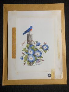 FRIENDLY NOTE Blue Flowers with Bird on Post 7.5x9.5 Greeting Card Art #C9209