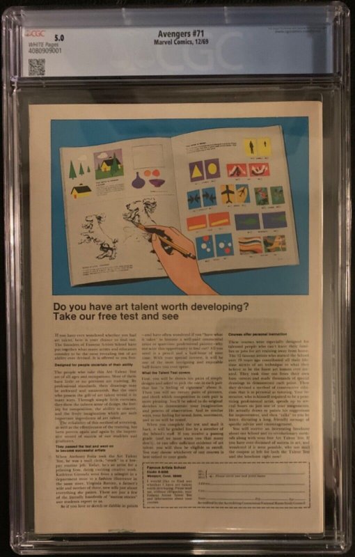 (1969) THE AVENGERS #71 1ST INVADERS! CGC 5.0 WP! 1st INVADERS!