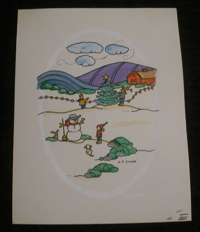 CHRISTMAS Snowman & Boy Dog on Farm Cartoon 6.5x8.25 Greeting Card Art #5408