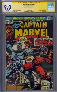 CAPTAIN MARVEL #33 CGC 9.0 ORIGIN THANOS AVENGERS SIGNED JIM STARLIN WHITE PAGES