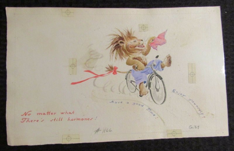 HAVE A GOOD TIME Watercolor Lion Riding Bicycle 15x9 Greeting Card Art #1166