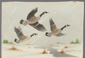 CHRISTMAS Canadian Geese Flying w Winding River 10x7 Greeting Card Art #500-6