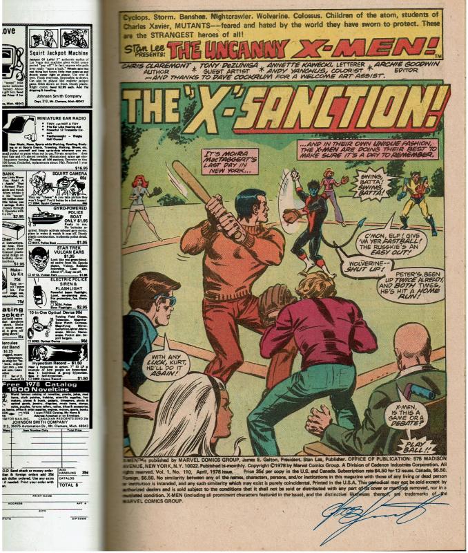 X-Men #110, 9.0 or Better, Signed Chris Claremont