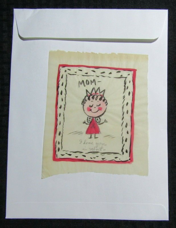 MOM I LOVE YOU IN VELVET Cartoon Girl in Crown 6x7 Greeting Card Art #nn
