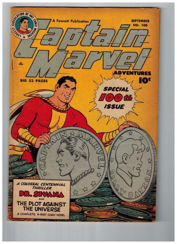 Captain Marvel Adventures # 100 VG/FN Fawcett Golden Age Comic Book Shazam JM1