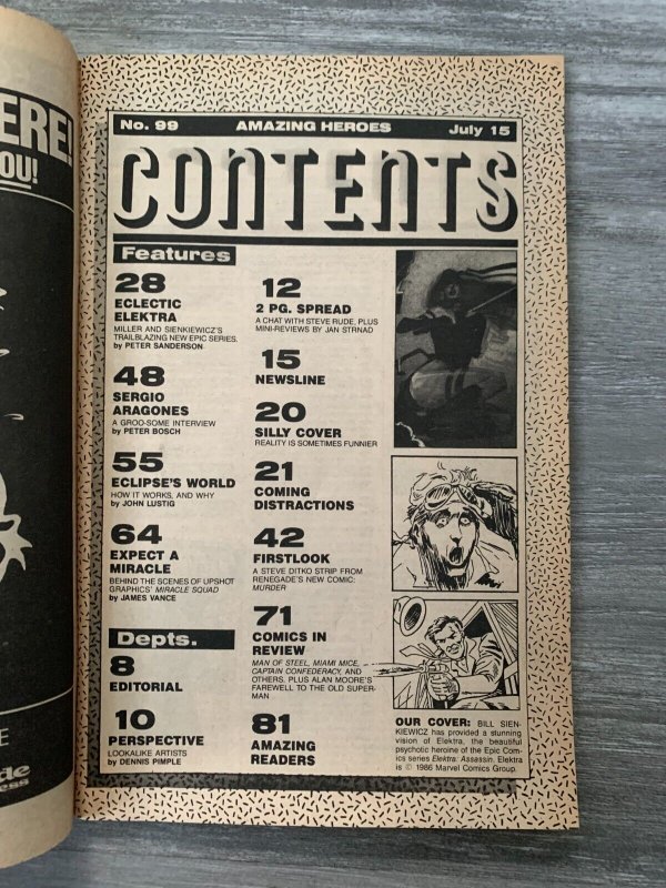 1986 AMAZING HEROES Comic Magazine #99 VG 4.0 Elektra Miller & Sienkiewicz
