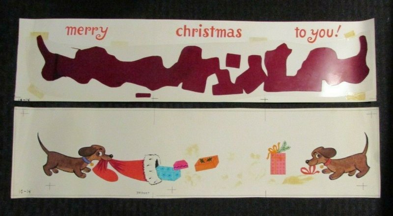 CHRISTMAS Two Dogs w/ Santa Hat & Presents 2pcs 17x4.25 Greeting Card Art #1014