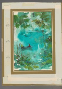 FATHERS DAY Painted Two Men in Canoe Fishing 9x7 Greeting Card Art #FD2613