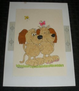 HAPPY ANNIVERSARY Cartoon Dogs on Grass w Butterfly 6x8 Greeting Card Art #9005