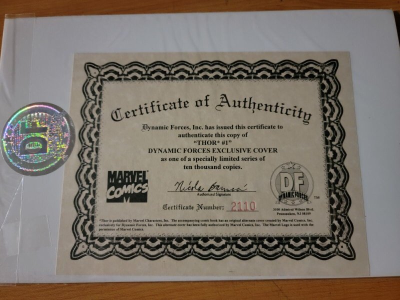 Thor v2 #1 Dynamic Forces Variant /w COA ~ NEAR MINT NM ~ 1998 Marvel Comics