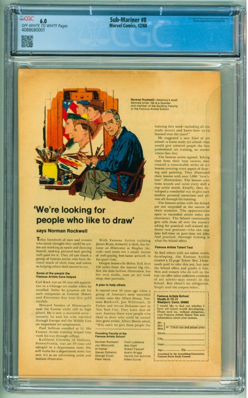 Sub-Mariner #8 (1968) CGC 6.0! OWW Pages!