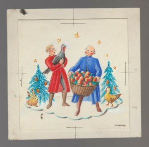 MERRY CHRISTMAS Couple with Fruit & Turkey 5x4.75 Greeting Card Art #229