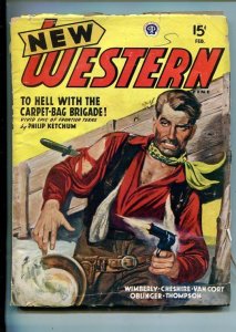 PULP:  NEW WESTERN-FEB 1946-VIOLENT PULP FICTION-GUN BATTLE COVER-vg