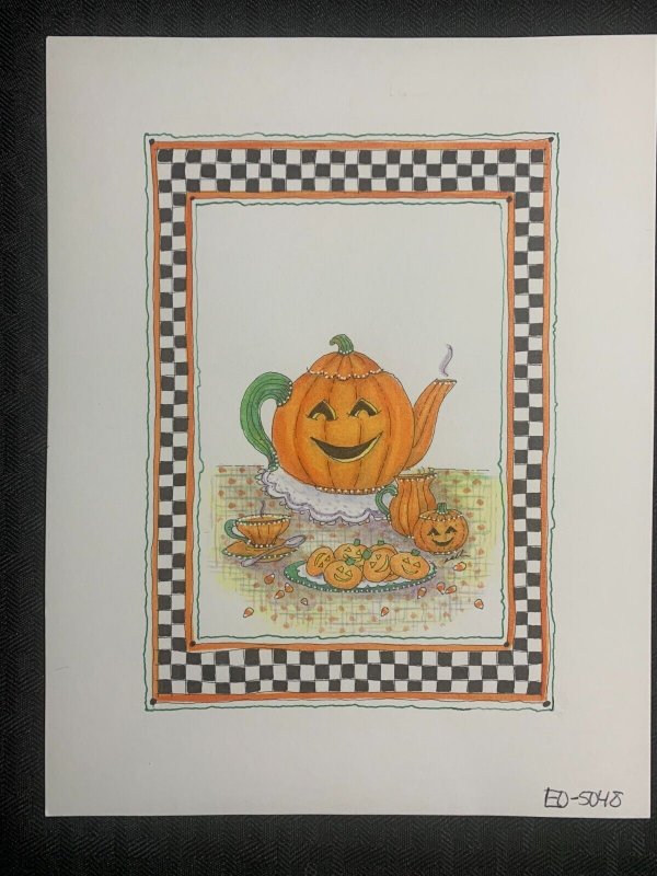 HAPPY HALLOWEEN Jack-O-Lantern Tea Pot & Cookies 7x9 Greeting Card Art #5048