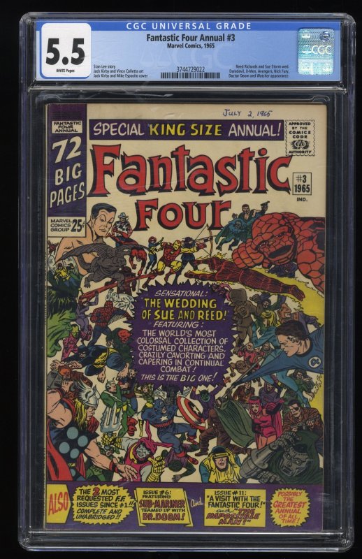 Fantastic Four Annual #3 CGC FN- 5.5 White Pages Wedding of Sue + Reed Kirby!