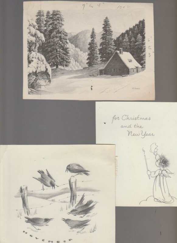 MERRY CHRISTMAS Angel Girl Cabin & Birds Pencil 6x5 Greeting Card Art LOT of 3