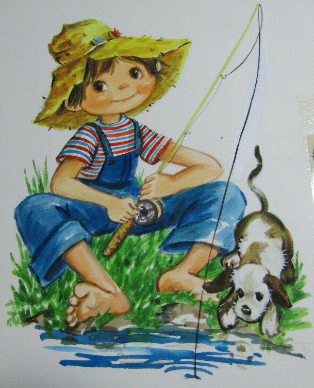 HAPPY BIRTHDAY Cute Boy Fishing with Puppy 6x8 Greeting Card Art