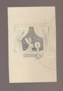 EASTER Cute Bunny Rabbit in Window w/ Candle Pencil 2.5x4 Greeting Card Art #nn