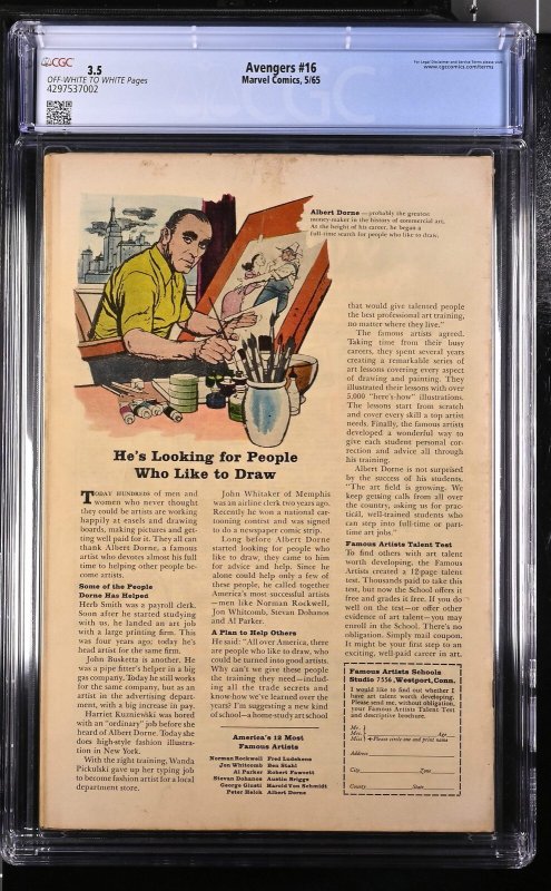 Avengers (1965) #16 - CGC 3.5 - Hawkeye, Scarlet Witch, Quicksilver Join!