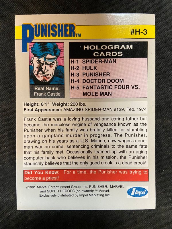 THE PUNISHER HOLOGRAM CARD 1991 IMPEL EX-MT 6