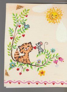 VALENTINE Tiger Cub & Mouse w/ Bird & Sun 4.25x6 Greeting Card Art #V3551