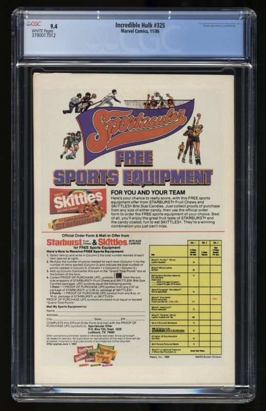 Incredible Hulk (1962) #325 CGC NM 9.4 White Pages