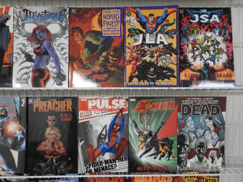 Huge Lot 48 TPB's W/ Avengers, Hulk, Batman, JLA, Spidey+ Avg VF- Condit...