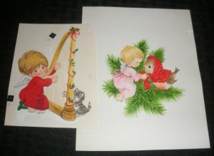 CHRISTMAS Cute Angels w/ Chick Harp & Kitten 2pcs 5x6 Greeting Card Art #43 217