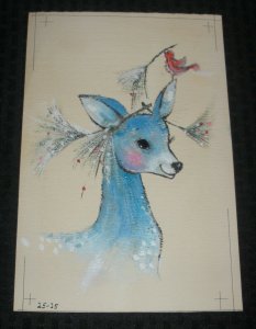 CHRISTMAS Blue Deer w/ Bird & Branches 8x11.5 Greeting Card Art #2525