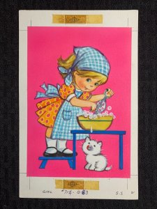 CUTE GIRL with White Kitten Cooking 5x8 Greeting Card Art #B83