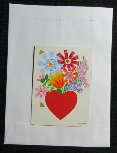 VALENTINES Blue Red & Orange Flowers & Red Heart 5x7 Greeting Card Art #V3743