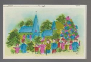 MERRY CHRISTMAS Church Tree & Family 6.5x4.25 Greeting Card Art #1023