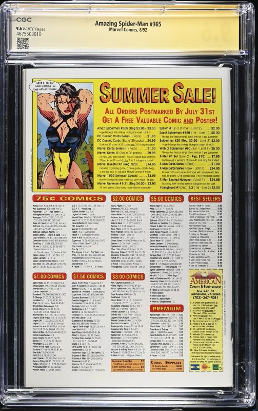 Amazing Spider-Man (1992) # 365 (CGC 9.6) Signed  Mark Bagley  * 1st App