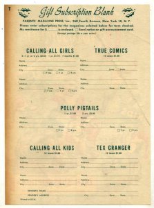 Comic Book Christmas Subscription Rate Sheet 1947 