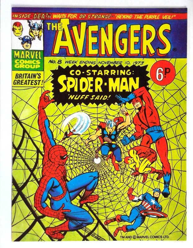 Avengers (UK) #8 (1973) Spider-Man Thor Marvel NM-