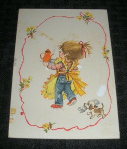 EASTER Cute Girl Running Searving Tea w Puppy 4.25x6.25 Greeting Card Art #7539