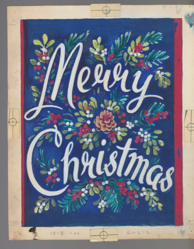 MERRY CHRISTMAS Lettering w/ Pine Cone & Berries 7x9 Greeting Card Art #10S