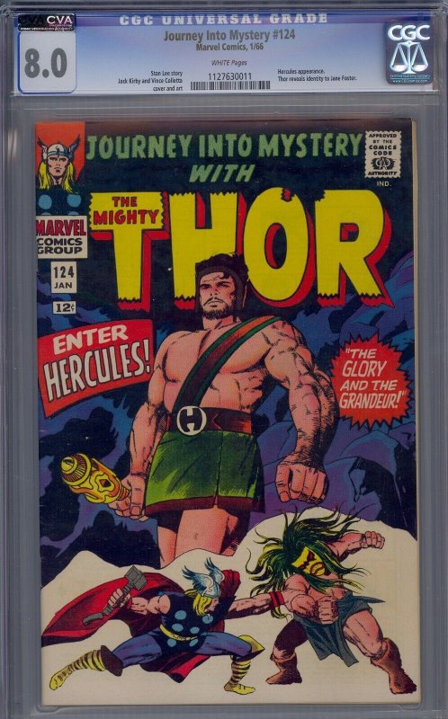JOURNEY INTO MYSTERY #124 CGC 8.0 THOR HERCULES JANE FOSTER JACK KIRBY WHT PGS