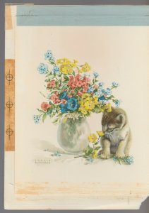 THINKING OF YOU Painted Kitten w Vase of Flowers 7.5x10 Greeting Card Art #C8603